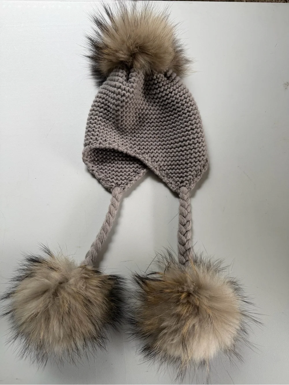 Kids Knit Earflap Hat with Fur Poms - Taupe